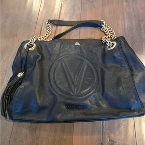 Valentino Black Leather Shoulder Bag with Gold Chain